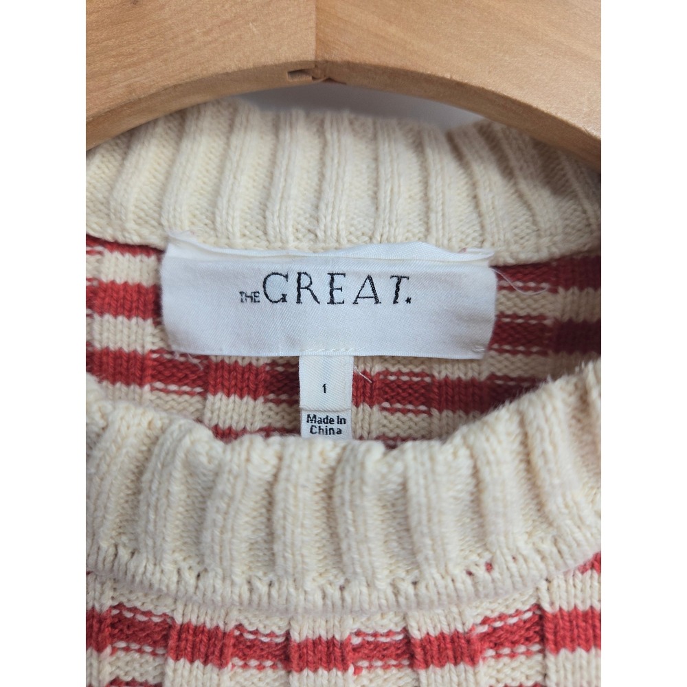 THE GREAT.‎ The Mini Striped Pullover Sweater Red Cream Ribbed Cotton Blend Sz 1 - Picture 3 of 14